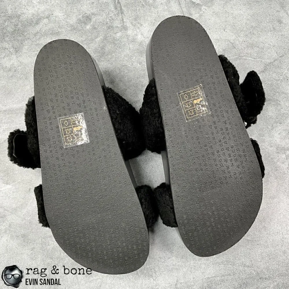 RAG & BONE EVIN GENUINE SHEARLING PLATFORM SLIDE SANDAL IN BLACK US SIZE 6 EU 36